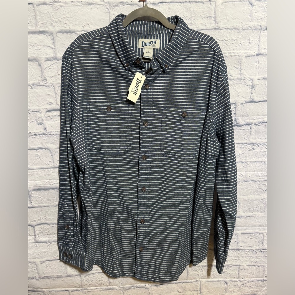 Duluth Trading Co. Free Swingin’ Slim Fit Flannel Shirt, Blue/White Stripes, XL